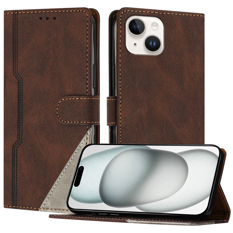 (Iphone 15, ) For Iphone 15 Leather Case Triangle Patchwork Wallet Stand Shockproof Phone Cover Brown 6914289577976