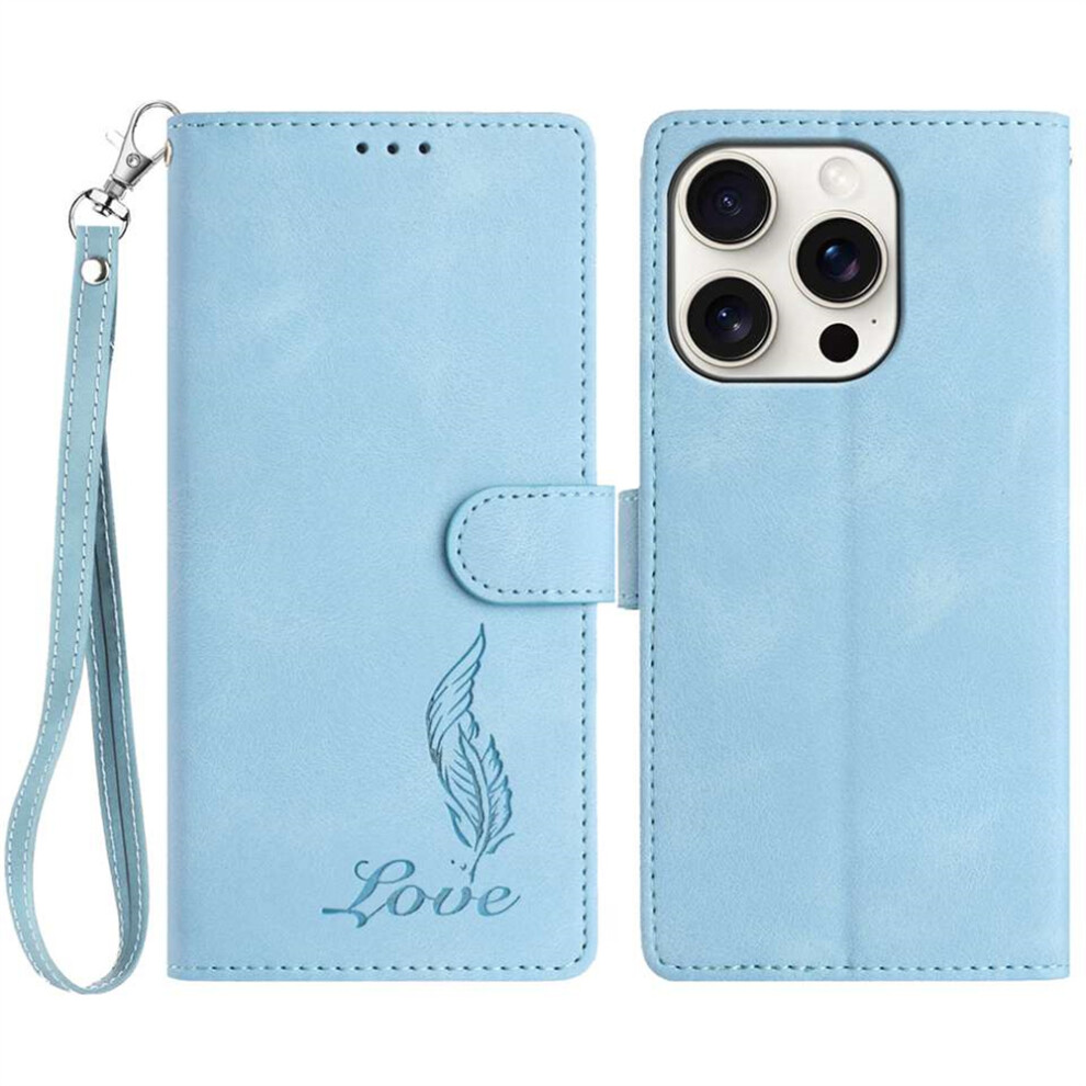 (Iphone 16 Pro, Sky ) For Iphone 16 Pro Case Imprinted Feather Pu Leather Wallet Phone Cover With Wrist Strap Blue 6914281031919