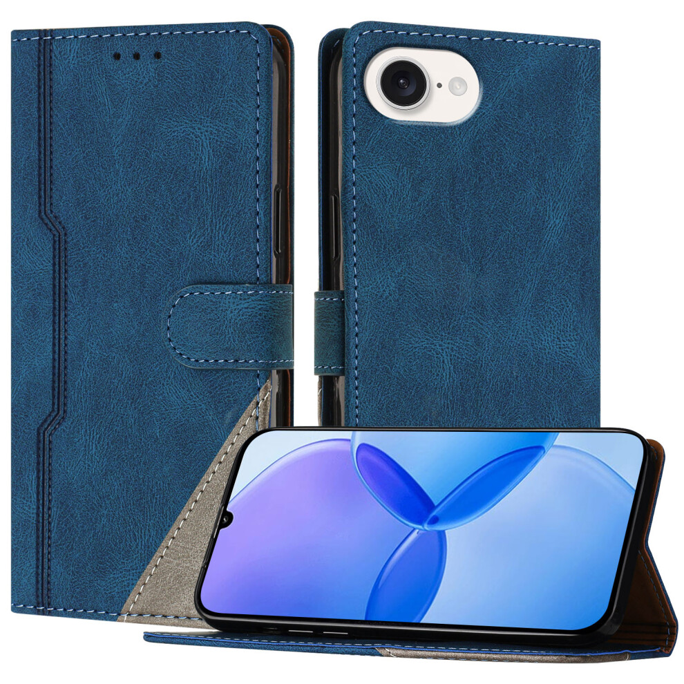 (Iphone 16E, ) For Iphone 16E Leather Case Triangle Patchwork Wallet Stand Shockproof Phone Cover Blue 6914284841461