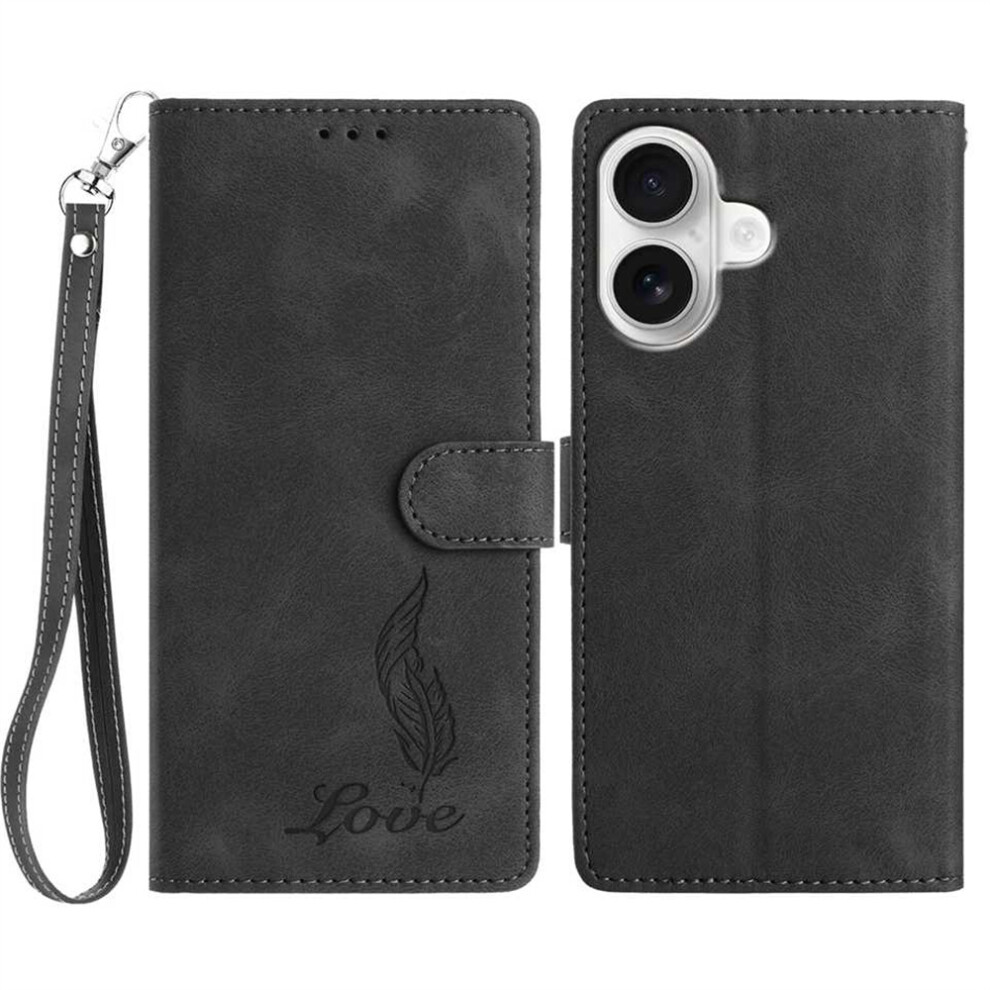 (Iphone 16, ) For Iphone 16 Case Imprinted Feather Pu Leather Wallet Phone Cover With Wrist Strap Black 6914286834492
