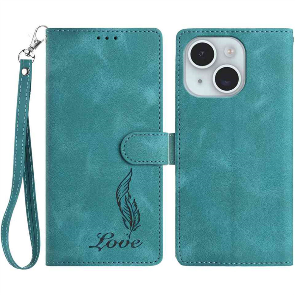 (Iphone 15, ) For Iphone 15 Case Imprinted Feather Pu Leather Wallet Phone Cover With Wrist Strap Green 6914284359256