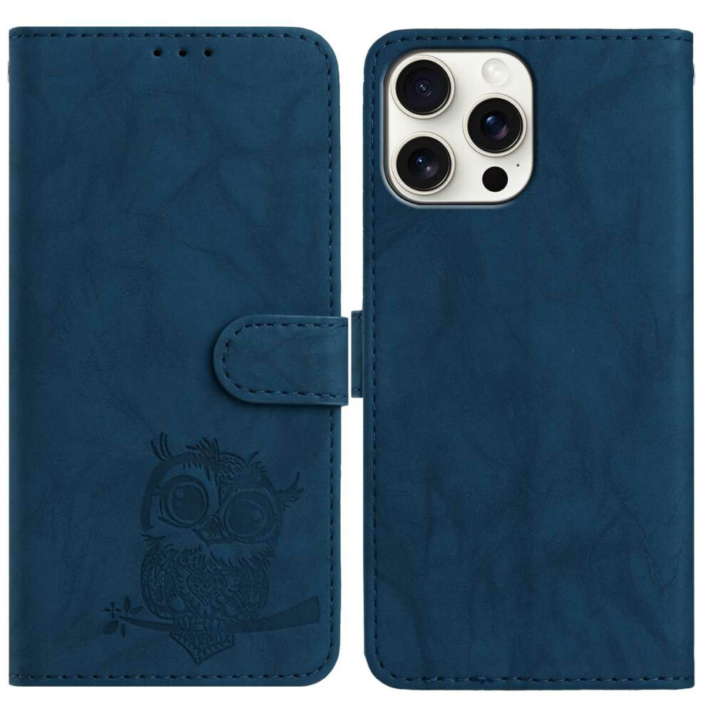 (Iphone 15 Pro Max, ) For Iphone 15 Pro Max Case Owl Imprinted Pu Leather Wallet Phone Cover With Wrist Strap Blue 6914287074477