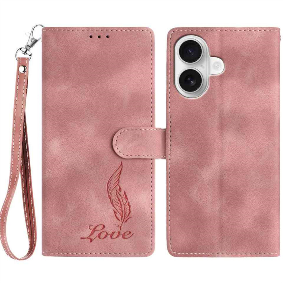 (Iphone 16, ) For Iphone 16 Case Imprinted Feather Pu Leather Wallet Phone Cover With Wrist Strap Pink 6914285885648