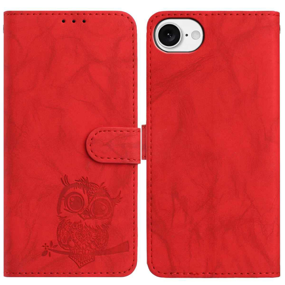 (Iphone 16E, ) For Iphone 16E Case Owl Imprinted Pu Leather Wallet Phone Cover With Wrist Strap Red 6914288918312