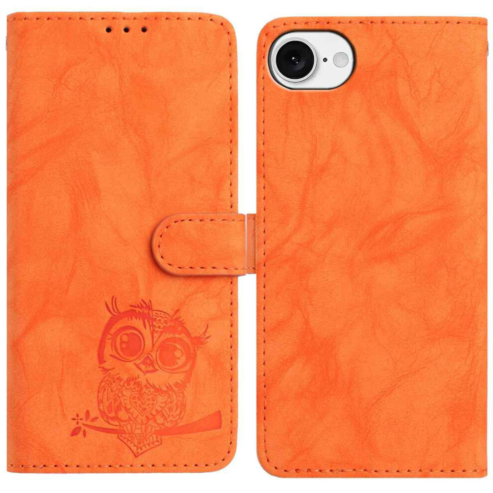(Iphone 16E, ) For Iphone 16E Case Owl Imprinted Pu Leather Wallet Phone Cover With Wrist Strap Orange 6914289582727