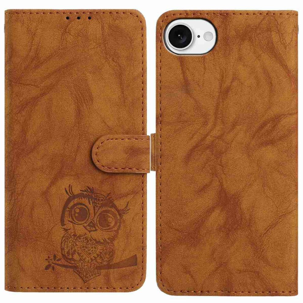 (Iphone 16E, ) For Iphone 16E Case Owl Imprinted Pu Leather Wallet Phone Cover With Wrist Strap Brown 6914286525925