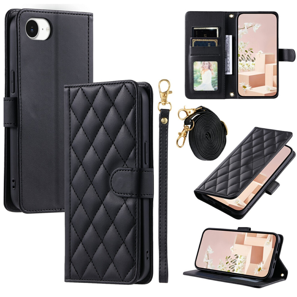 (Iphone 16E, ) For Iphone 16E Wallet Case Rhombus Grid Pu Leather Phone Cover Black 6914285829475