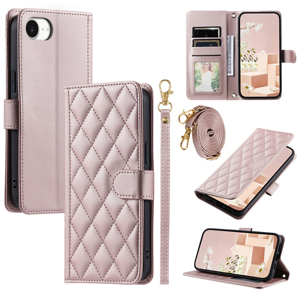(Iphone 16E, Rose ) For Iphone 16E Wallet Case Rhombus Grid Pu Leather Phone Cover Gold 6914284825188