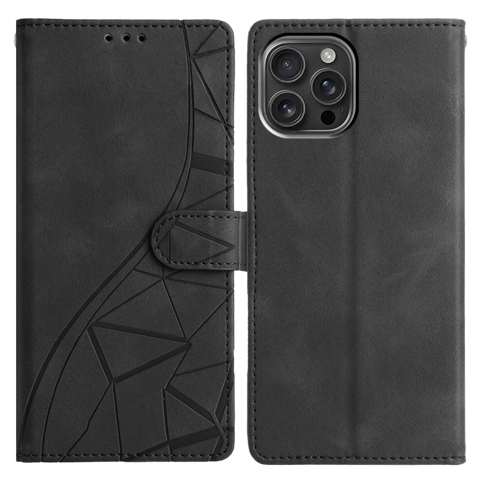 (Iphone 15 Pro, ) For Iphone 15 Pro Case Wallet Stand Imprinted Triangle Pattern Leather Phone Flip Cover Black 6914282984085