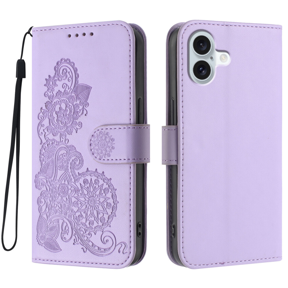 (Iphone 16 Plus, ) For Iphone 16 Plus Phone Cases Mandala Flower Leather Wallet Mobile Cover With Strap Purple 6914282516095