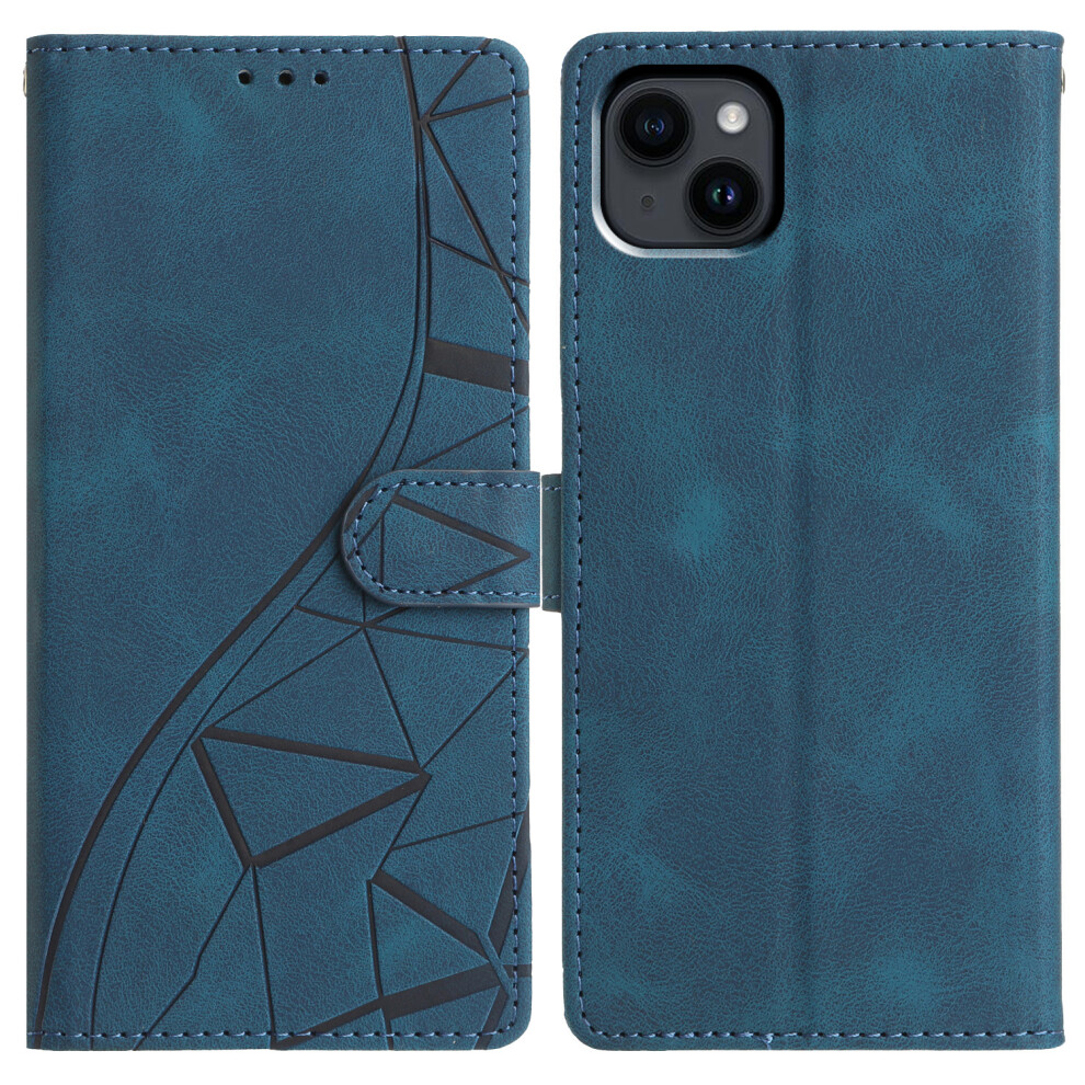 (Iphone 15, ) For Iphone 15 Case Wallet Stand Imprinted Triangle Pattern Leather Phone Flip Cover Blue 6914287741973