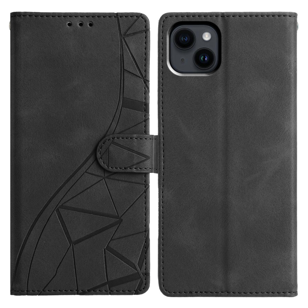 (Iphone 15, ) For Iphone 15 Case Wallet Stand Imprinted Triangle Pattern Leather Phone Flip Cover Black 6914286326515