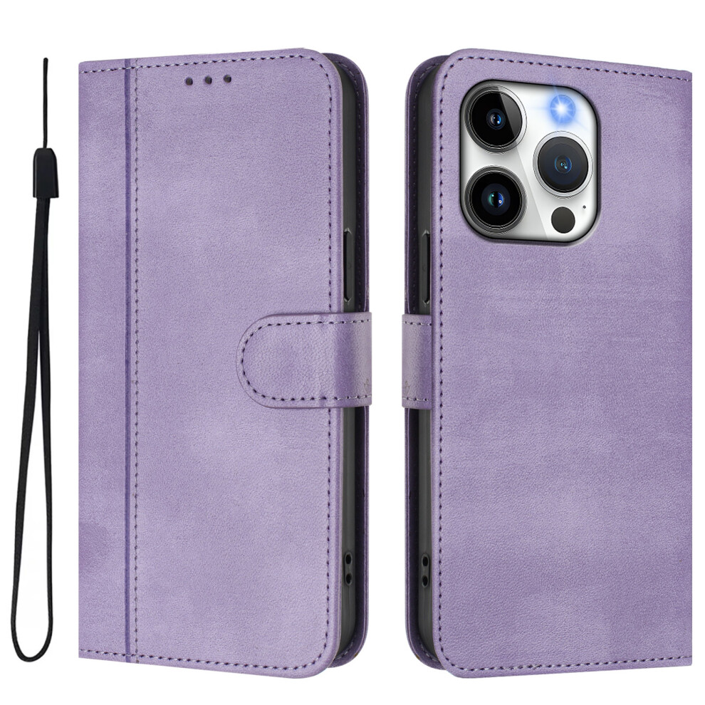 (Iphone 15 Pro, Light ) For Iphone 15 Pro Cases Wallet Stand Retro Texture Leather Phone Cover With Lanyard Purple 6914281729007