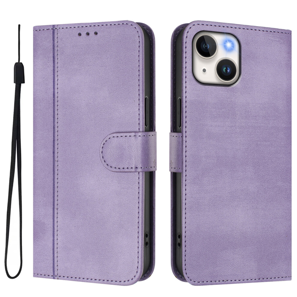 (Iphone 15, Light ) For Iphone 15 Cases Wallet Stand Retro Texture Leather Phone Cover With Lanyard Purple 6914282862482