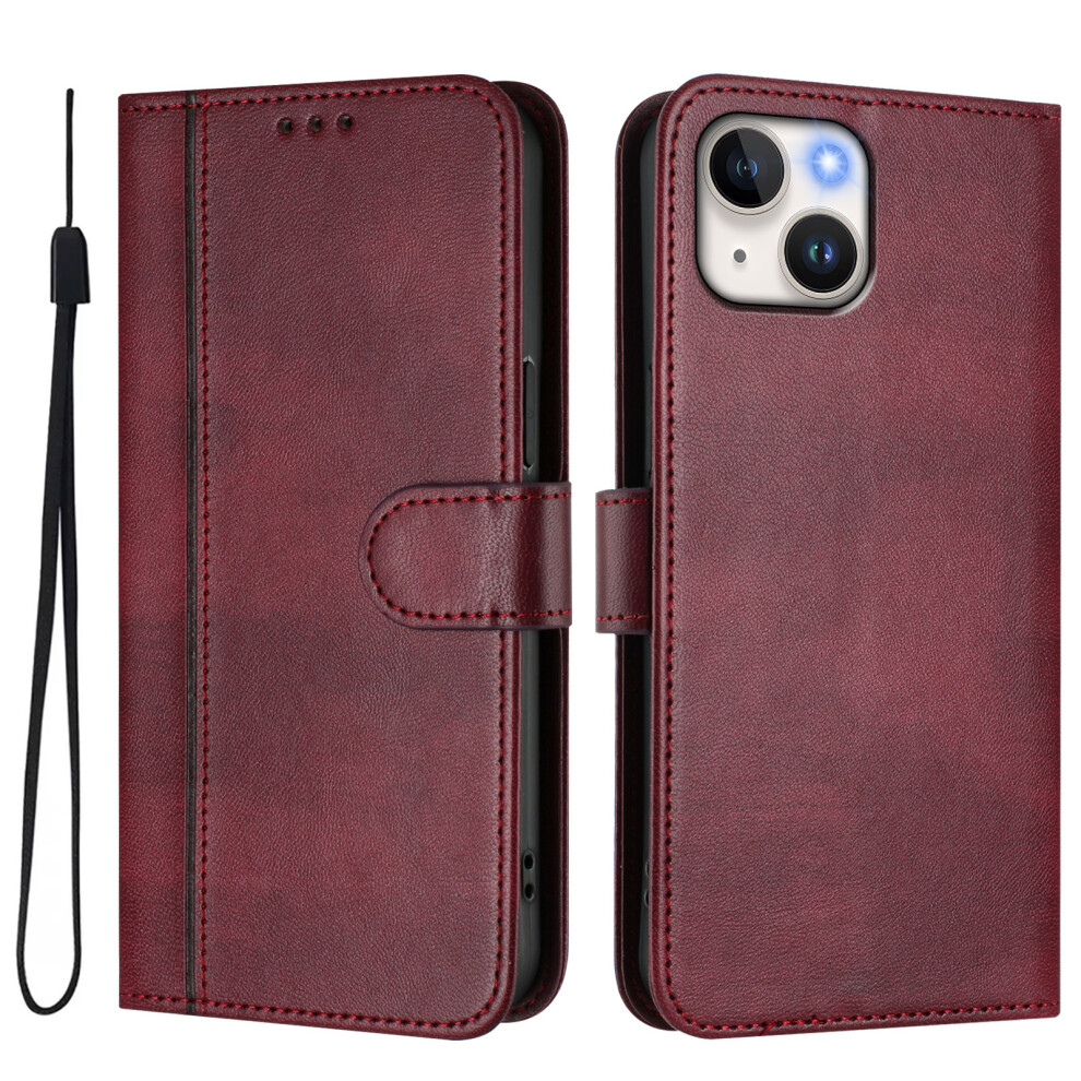 (Iphone 15, Wine ) For Iphone 15 Cases Wallet Stand Retro Texture Leather Phone Cover With Lanyard Red 6914280542683