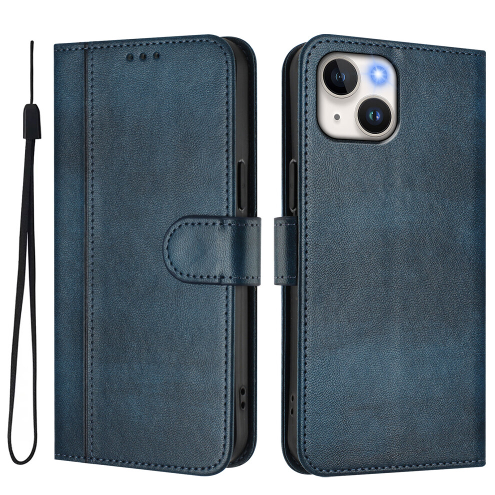 (Iphone 15, ) For Iphone 15 Cases Wallet Stand Retro Texture Leather Phone Cover With Lanyard Blue 6914286746078