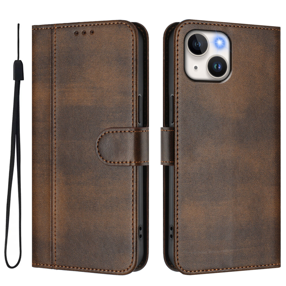 (Iphone 15, ) For Iphone 15 Cases Wallet Stand Retro Texture Leather Phone Cover With Lanyard Brown 6914288382274