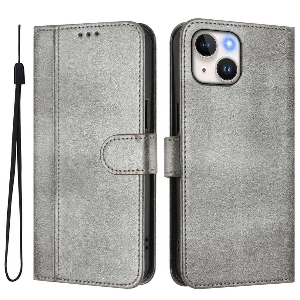(Iphone 15, ) For Iphone 15 Cases Wallet Stand Retro Texture Leather Phone Cover With Lanyard Grey 6914280334127