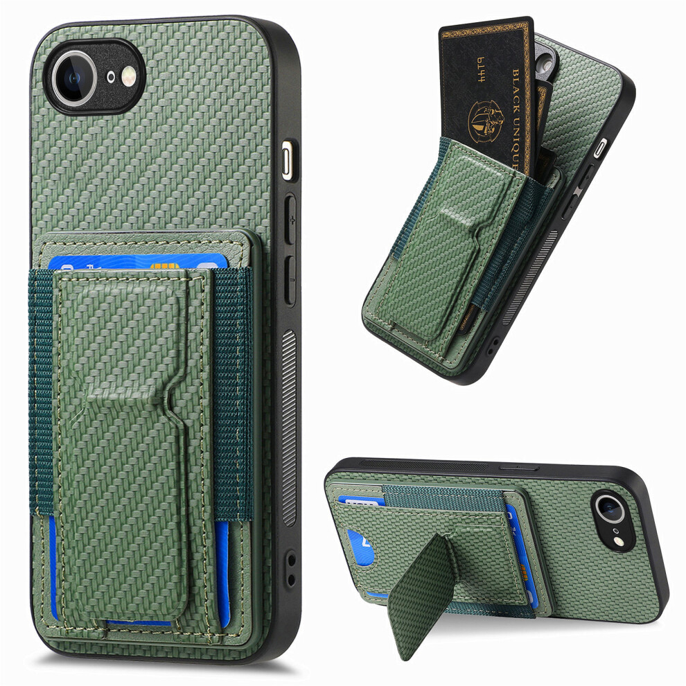 (Iphone 16E, ) For Iphone 16E Case With Card Holder Kickstand Fiber Pattern Leather Back Cover Green 6914287749429