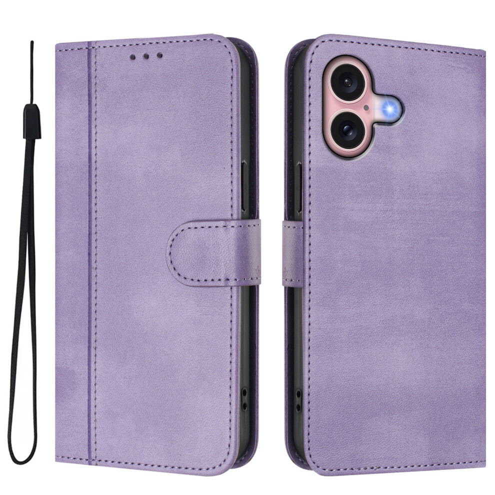 (Iphone 16, Light ) For Iphone 16 Cases Wallet Stand Retro Texture Leather Phone Cover With Lanyard Purple 6914286397409