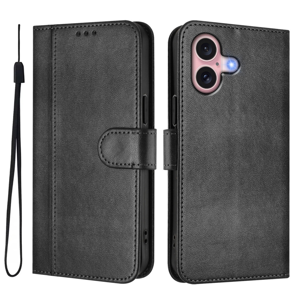 (Iphone 16, ) For Iphone 16 Cases Wallet Stand Retro Texture Leather Phone Cover With Lanyard Black 6914281262757