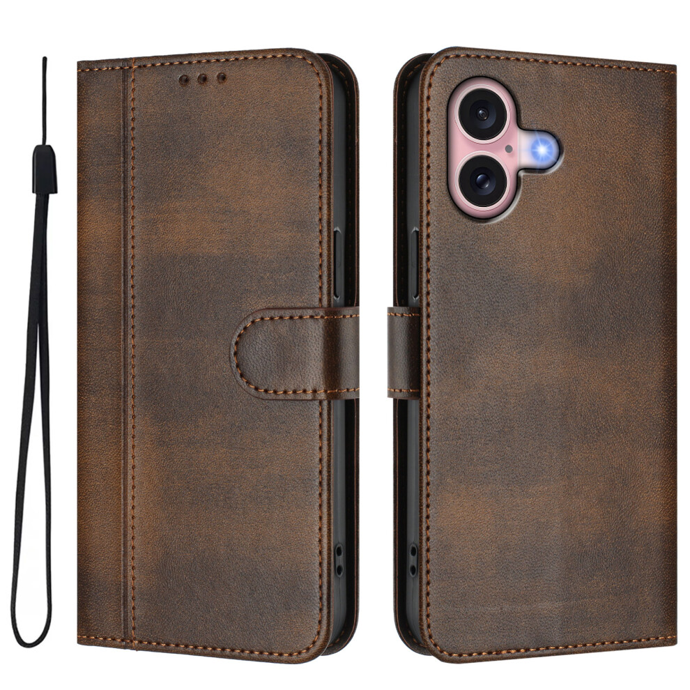 (Iphone 16, ) For Iphone 16 Cases Wallet Stand Retro Texture Leather Phone Cover With Lanyard Brown 6914283356003