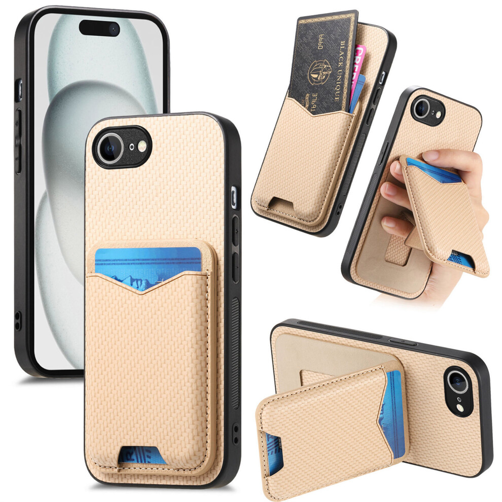 (Iphone 16E, Khaki) For Iphone 16E Case Card Holder Kickstand Carbon Fiber Texture Back Cover 6914289524086