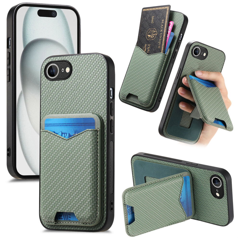 (Iphone 16E, ) For Iphone 16E Case Card Holder Kickstand Carbon Fiber Texture Back Cover Green 6914283312894