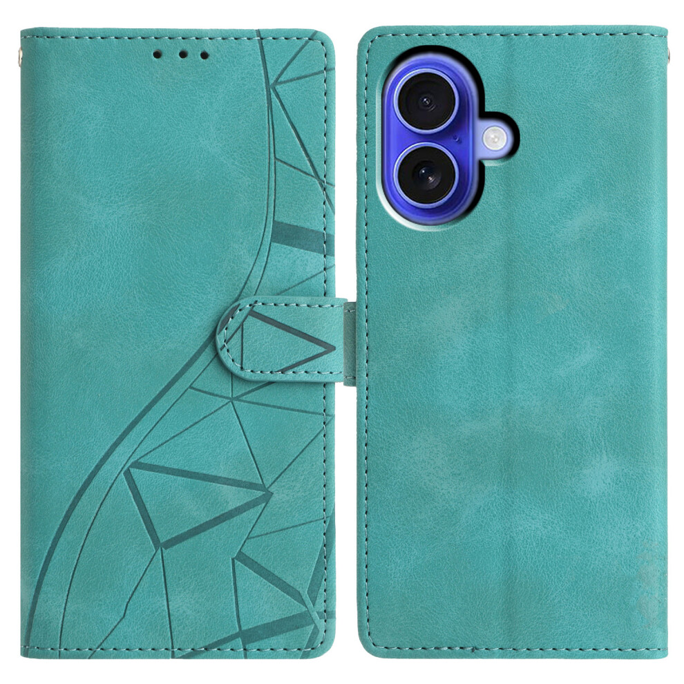 (Iphone 16, ) For Iphone 16 Case Wallet Stand Imprinted Triangle Pattern Leather Phone Flip Cover Green 6914282112037