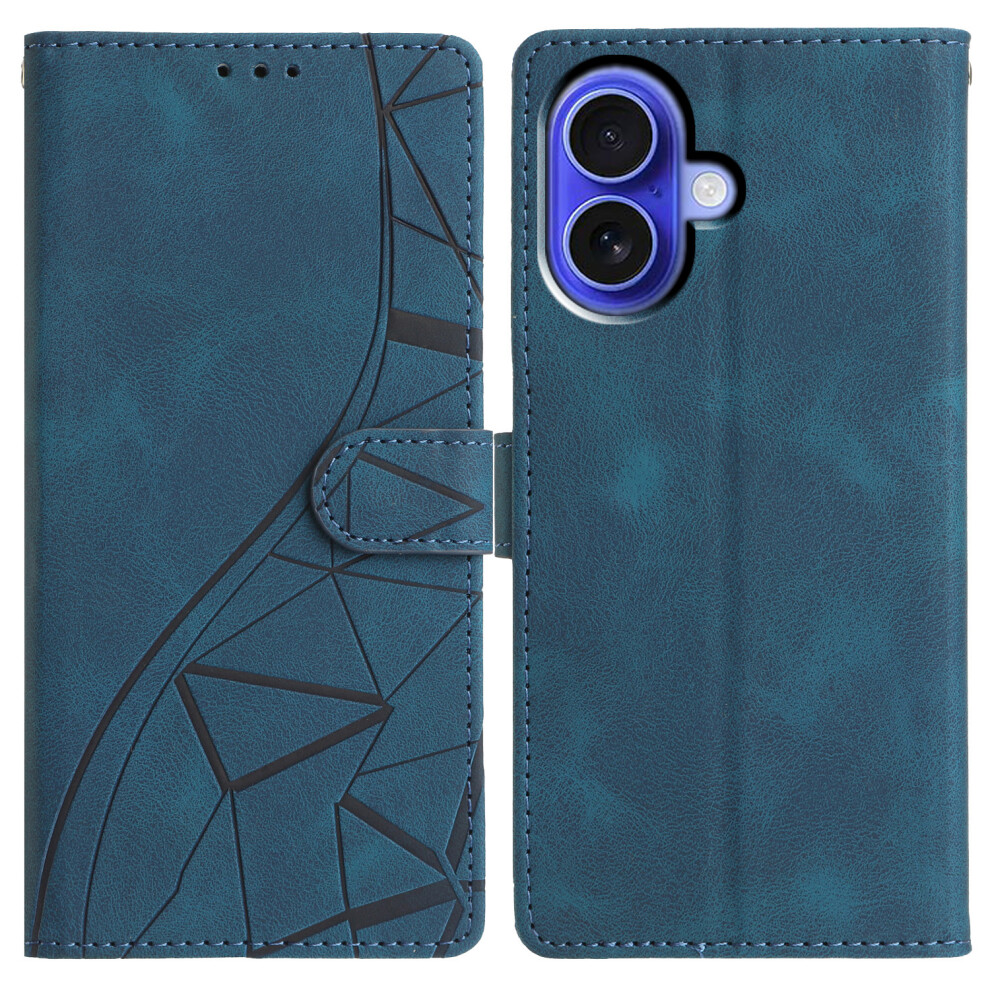 (Iphone 16, ) For Iphone 16 Case Wallet Stand Imprinted Triangle Pattern Leather Phone Flip Cover Blue 6914288355841