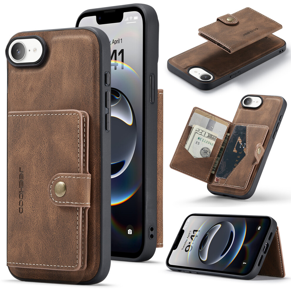 (Iphone 16E, ) For Iphone 16E Case Jeehood J01 Retro Leather Phone Back Cover With Detachable Magnetic Card Holder Brown 6914289875997