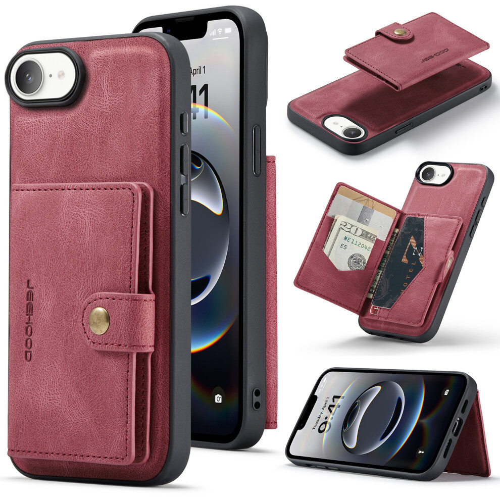 (Iphone 16E, ) For Iphone 16E Case Jeehood J01 Retro Leather Phone Back Cover With Detachable Magnetic Card Holder Red 6914284096595