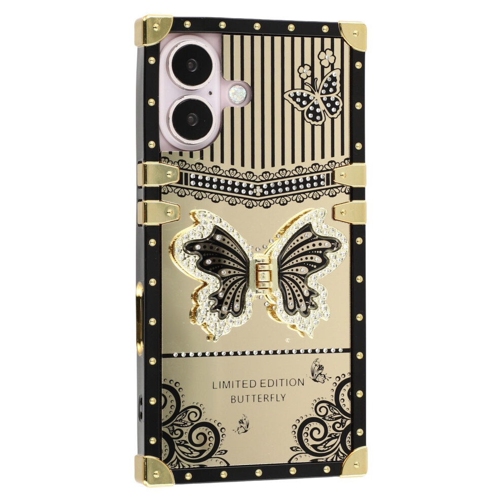 (Iphone 16, ) For Iphone 16 Case Electroplated Tpu+Pc Phone Cover With Butterfly Kickstand Black 6914289547412