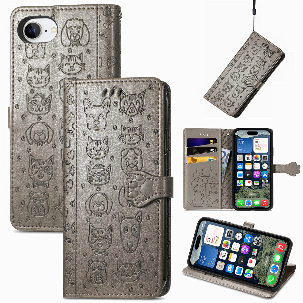 (Iphone 16E, ) For Iphone 16E Leather Wallet Case Flip Phone Cover With Cute Cat Dog Pattern Grey 6914283286416