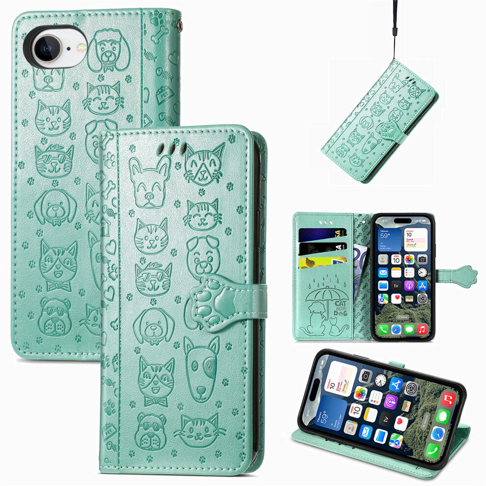 (Iphone 16E, ) For Iphone 16E Leather Wallet Case Flip Phone Cover With Cute Cat Dog Pattern Green 6914284948337