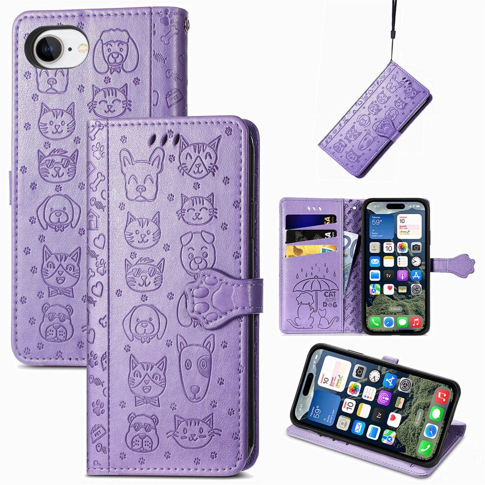 (Iphone 16E, ) For Iphone 16E Leather Wallet Case Flip Phone Cover With Cute Cat Dog Pattern Purple 6914289931396