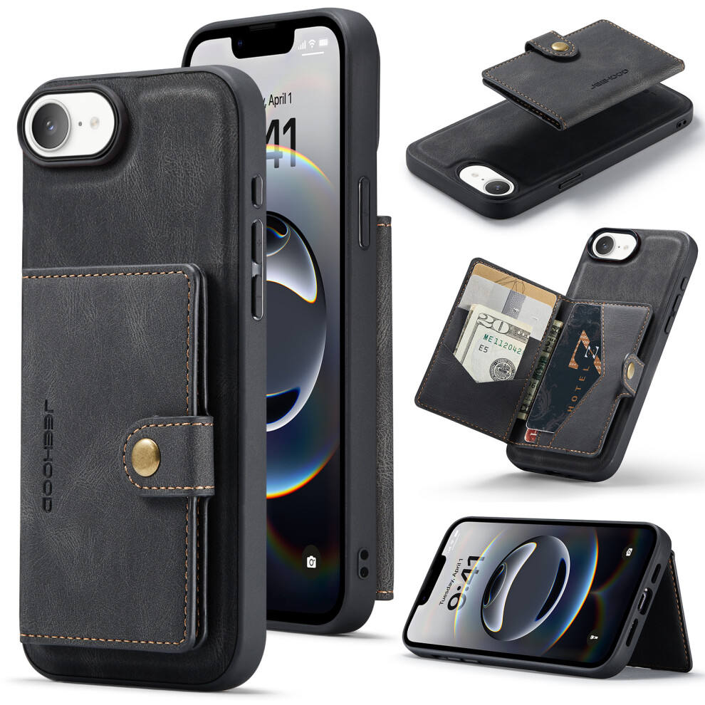 (Iphone 16E, ) For Iphone 16E Case Jeehood J01 Retro Leather Phone Back Cover With Detachable Magnetic Card Holder Black 6914288944793