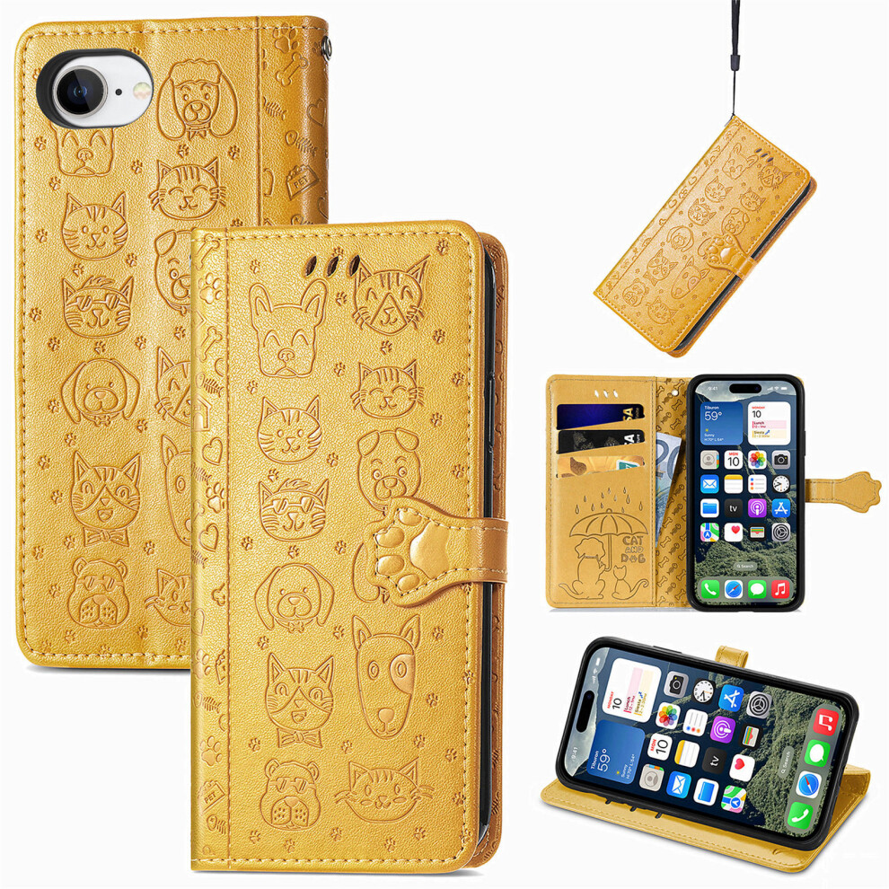 (Iphone 16E, ) For Iphone 16E Leather Wallet Case Flip Phone Cover With Cute Cat Dog Pattern Yellow 6914284762063