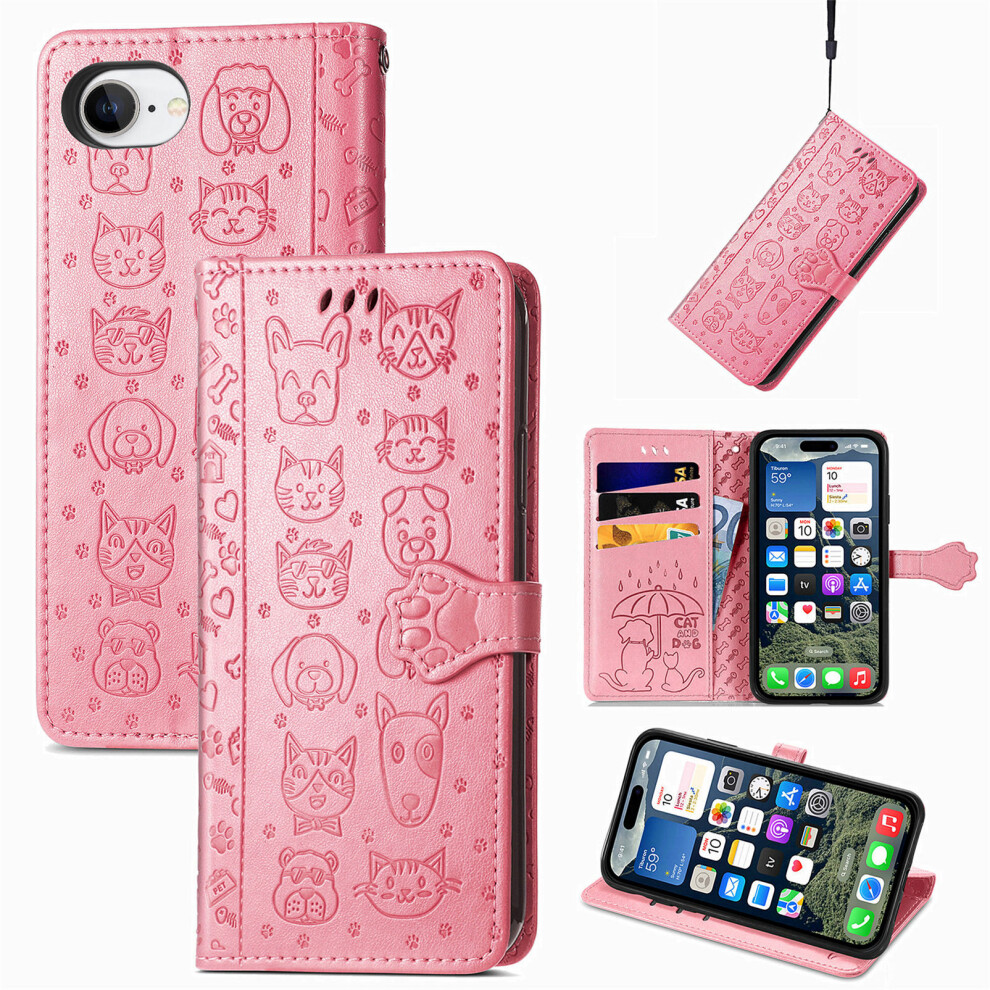 (Iphone 16E, ) For Iphone 16E Leather Wallet Case Flip Phone Cover With Cute Cat Dog Pattern Pink 6914281448335