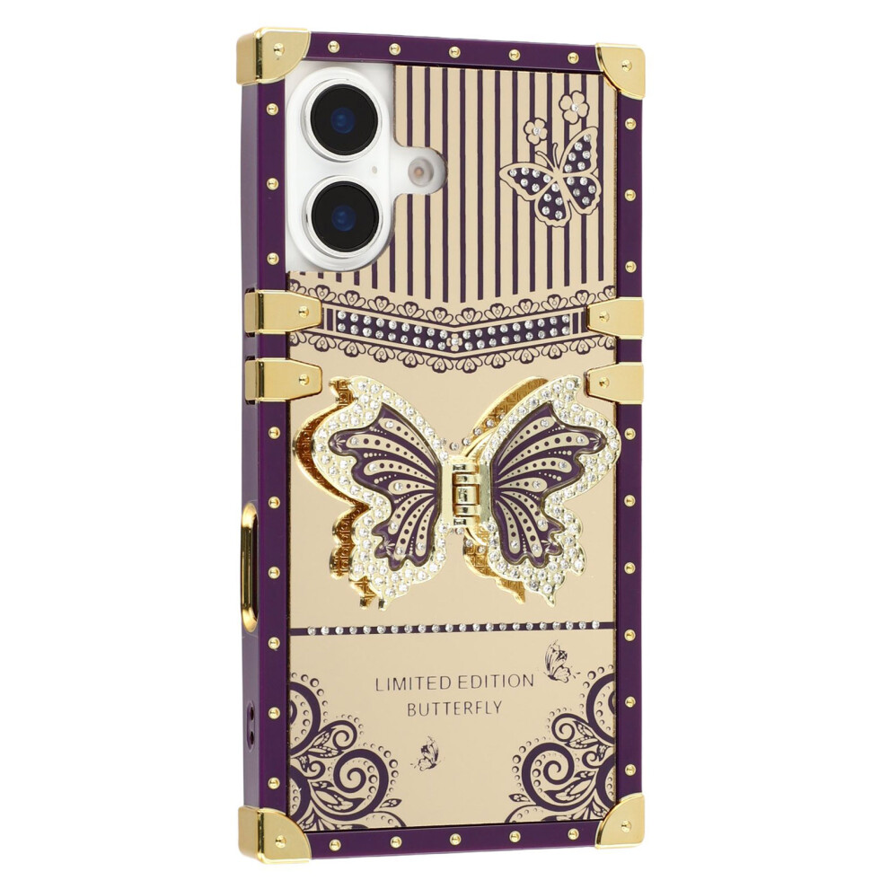 (Iphone 16, Dark ) For Iphone 16 Case Electroplated Tpu+Pc Phone Cover With Butterfly Kickstand Purple 6914288861458