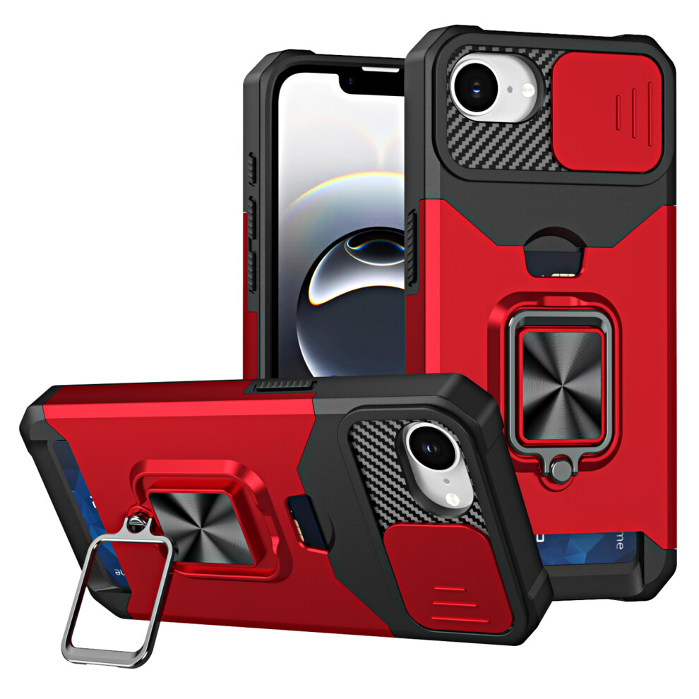 (Iphone 16E, ) For Iphone 16E Case Kickstand Slide Lens Lid Pc+Tpu Phone Cover With Card Slot Red 6914289278606