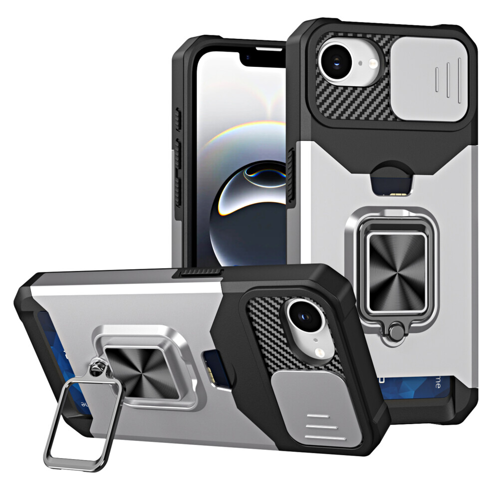 (Iphone 16E, ) For Iphone 16E Case Kickstand Slide Lens Lid Pc+Tpu Phone Cover With Card Slot Silver 6914281283400
