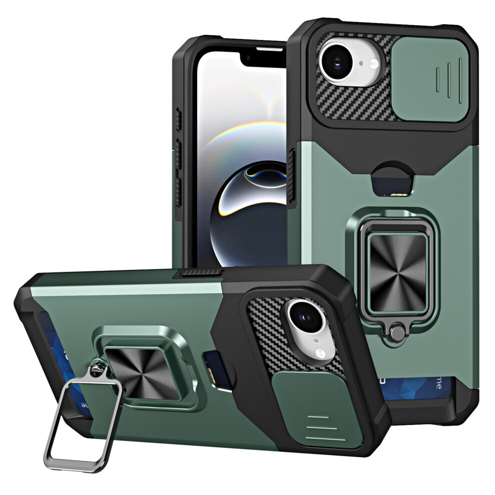 (Iphone 16E, Blackish ) For Iphone 16E Case Kickstand Slide Lens Lid Pc+Tpu Phone Cover With Card Slot Green 6914284430405