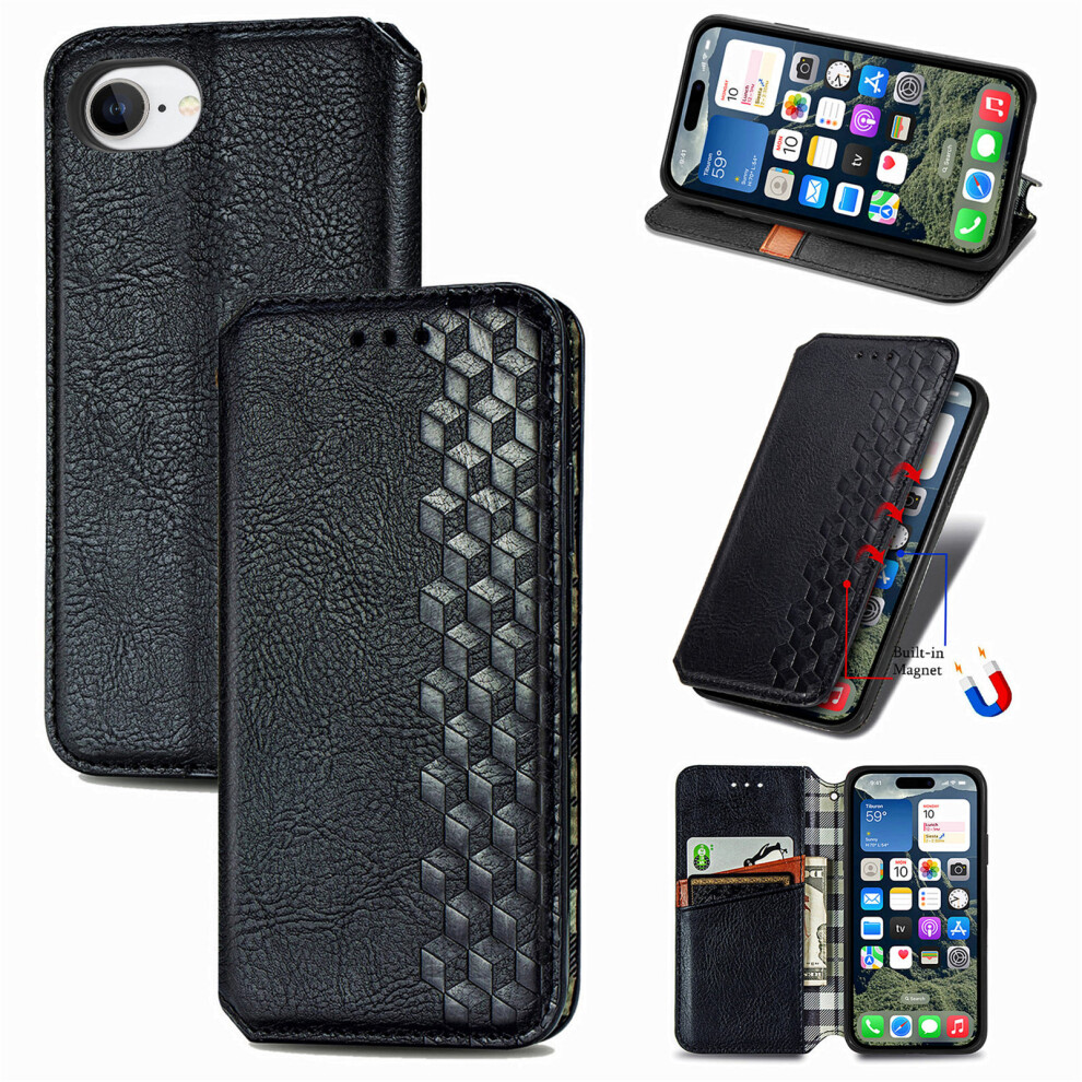 (Iphone 16E, ) For Iphone 16E Case Rhombus Imprint Pu Leather Wallet Phone Cover Black 6914289389074