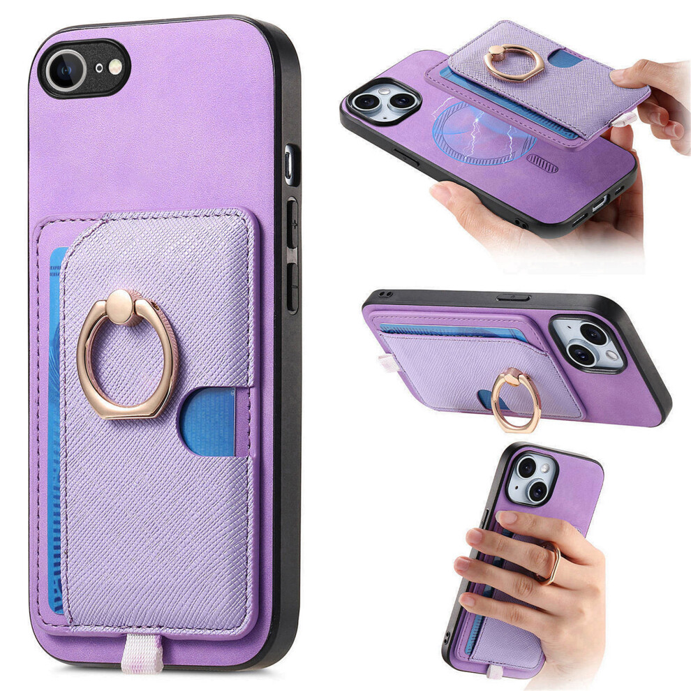 (Iphone 16E, ) For Iphone 16E Case Ring Kickstand Leather+Tpu+Pc Phone Cover Detachable Card Holder Purple 6914284962227