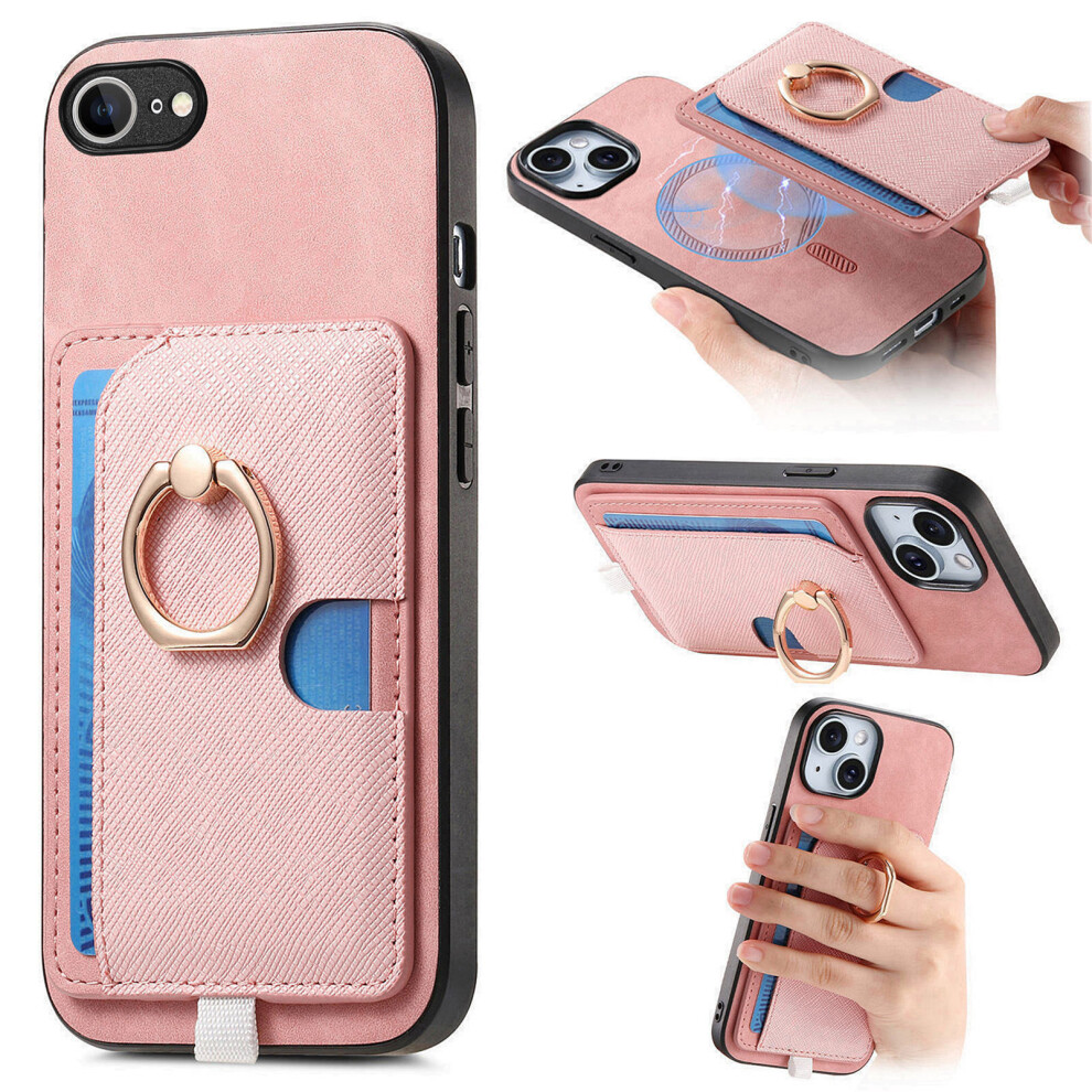 (Iphone 16E, ) For Iphone 16E Case Ring Kickstand Leather+Tpu+Pc Phone Cover Detachable Card Holder Pink 6914288794206