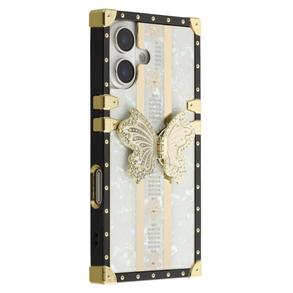 (Iphone 16, ) For Iphone 16 Case Tpu+Pc Electroplated Butterfly Kickstand Phone Cover White 6914284193607