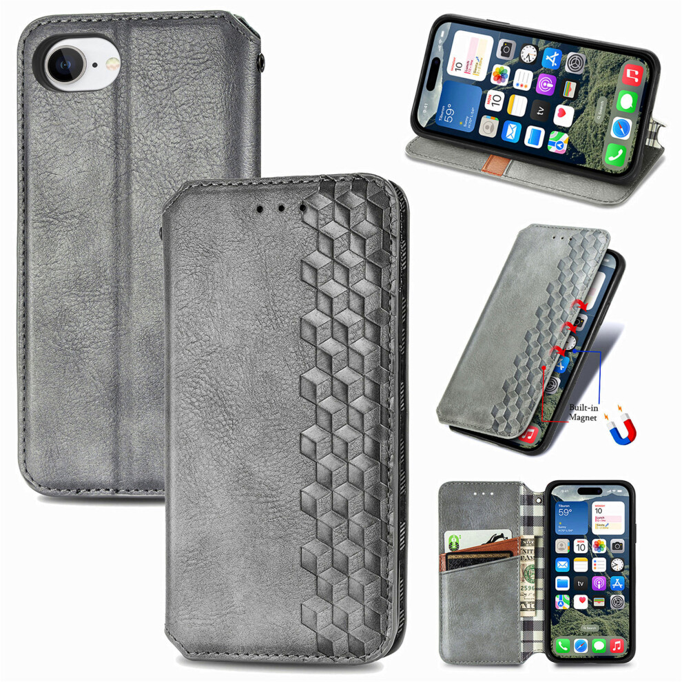 (Iphone 16E, ) For Iphone 16E Case Rhombus Imprint Pu Leather Wallet Phone Cover Grey 6914288748223
