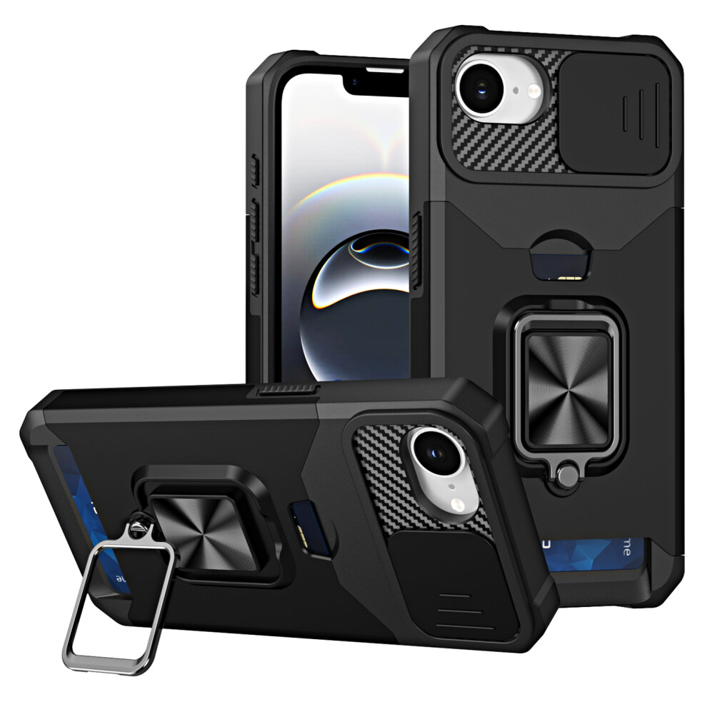 (Iphone 16E, ) For Iphone 16E Case Kickstand Slide Lens Lid Pc+Tpu Phone Cover With Card Slot Black 6914283235254