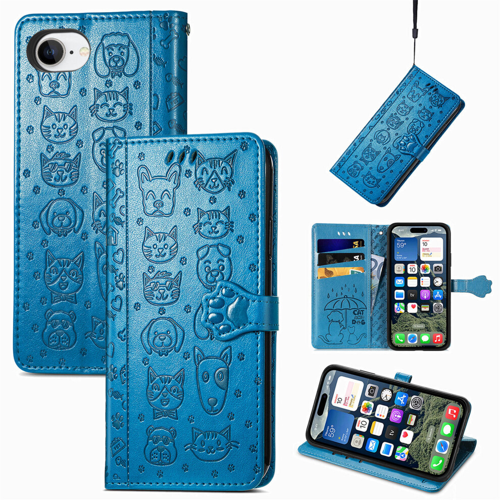 (Iphone 16E, ) For Iphone 16E Leather Wallet Case Flip Phone Cover With Cute Cat Dog Pattern Blue 6914287979543